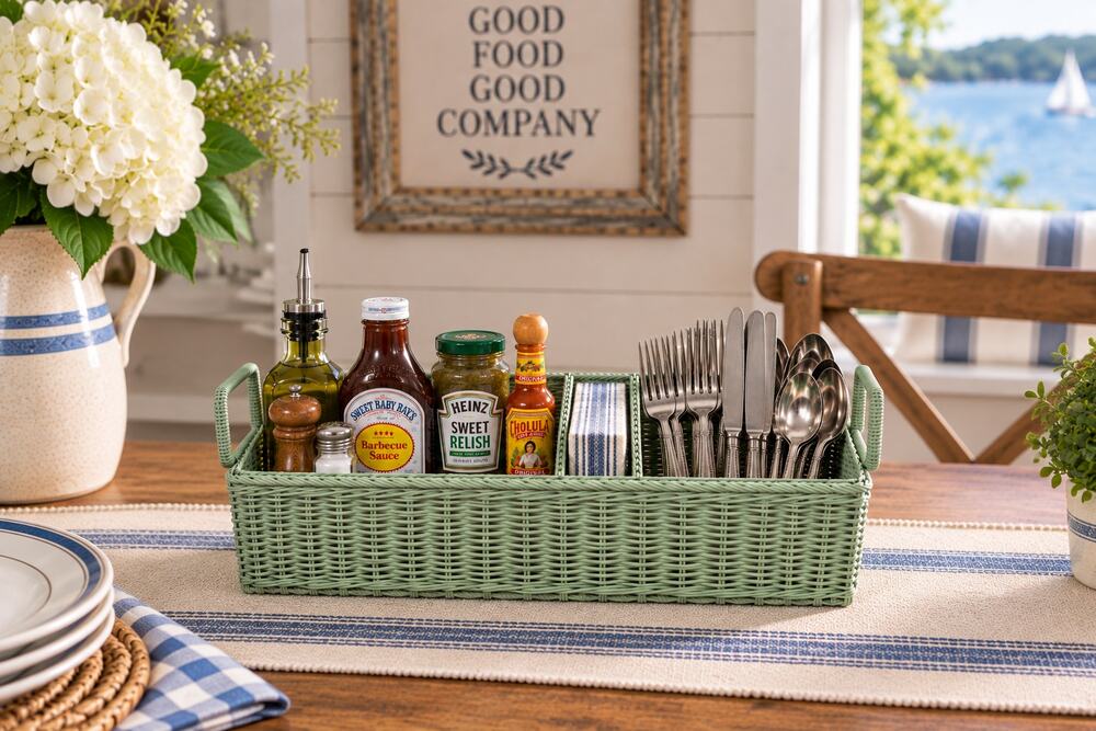 Vintage 60s 70s Caddy Handled Basket Divided Cottagecore Farmhouse Seafoam Green